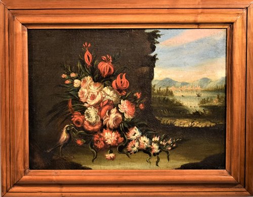 Still Life of Flowers and Landscape